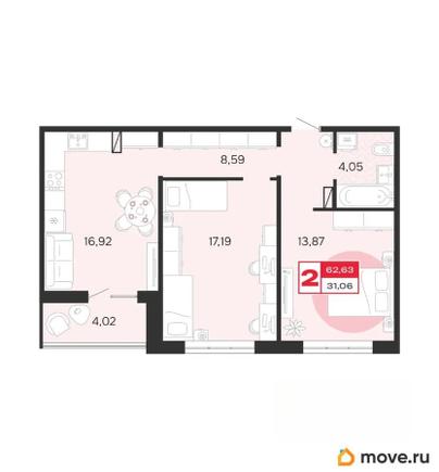 2-комн. квартира, 62.63 м&sup2;