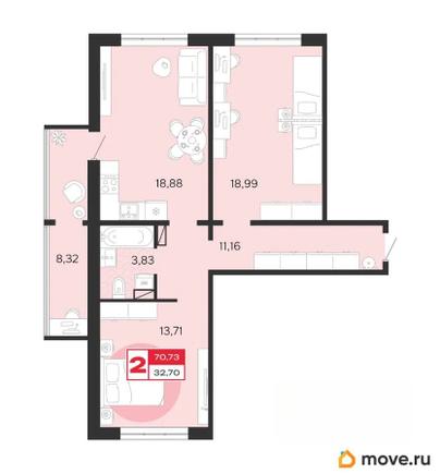 2-комн. квартира, 70.73 м&sup2;