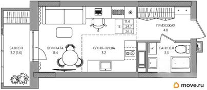 студия, 26.3 м&sup2;