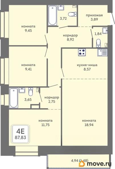 4-комн. квартира, 87.83 м&sup2;