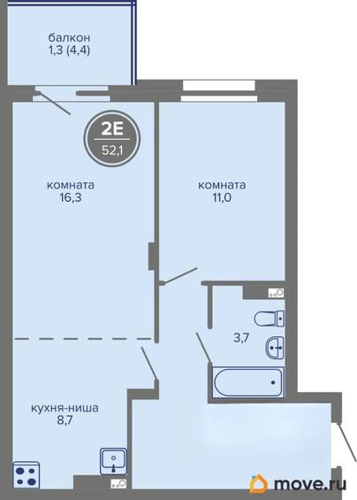 2-комн. квартира, 52.1 м&sup2;