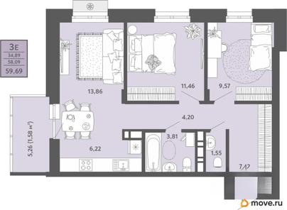 3-комн. квартира, 59.69 м&sup2;