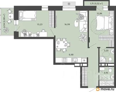3-комн. квартира, 65.99 м&sup2;