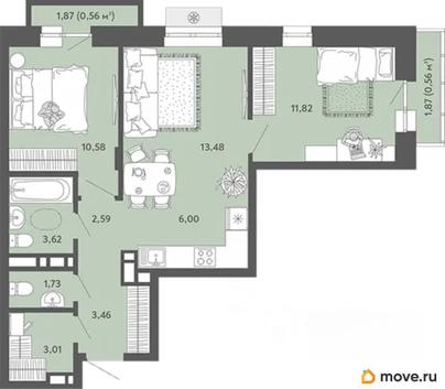 3-комн. квартира, 57.41 м&sup2;