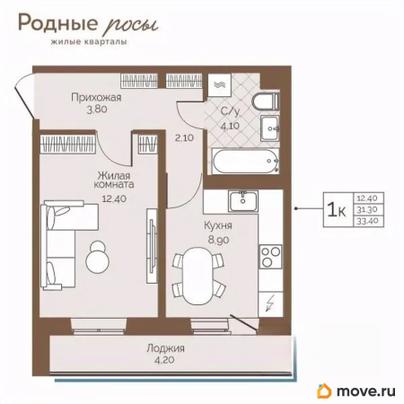 1-комн. квартира, 33.4 м&sup2;