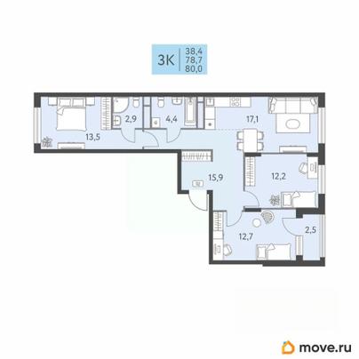 3-комн. квартира, 80 м&sup2;