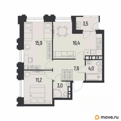 2-комн. квартира, 60.1 м&sup2;