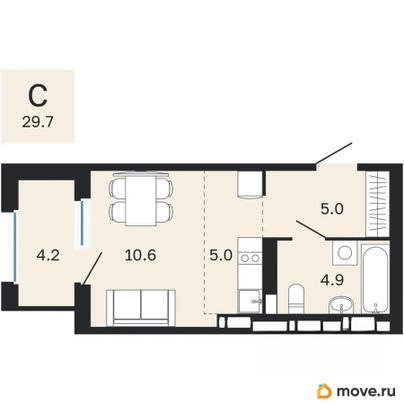 1-комн. квартира, 29.7 м&sup2;