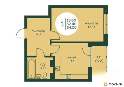 1-комн. квартира, 34 м&sup2;