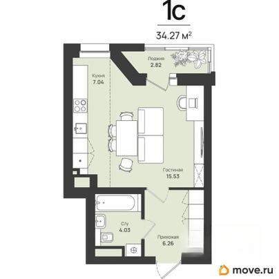 1-комн. квартира, 34.27 м&sup2;