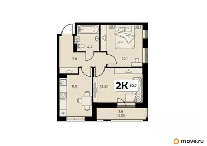 2-комн. квартира, 50.7 м&sup2;