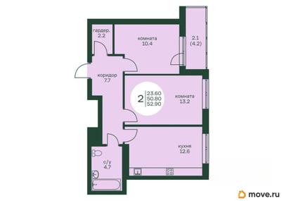 2-комн. квартира, 52.9 м&sup2;