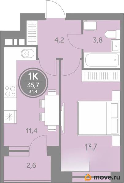 1-комн. квартира, 34.4 м&sup2;