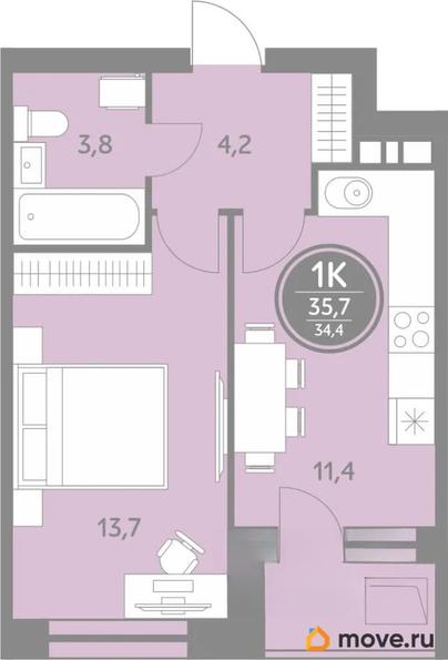 1-комн. квартира, 34.4 м&sup2;