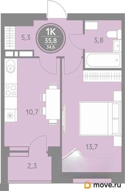 1-комн. квартира, 34.6 м&sup2;