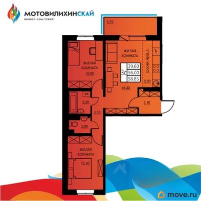 3-комн. квартира, 58.85 м&sup2;