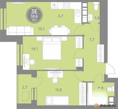 2-комн. квартира, 58.2 м&sup2;