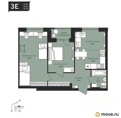 3-комн. квартира, 58.08 м&sup2;