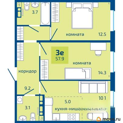 3-комн. квартира, 57.9 м&sup2;