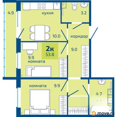 2-комн. квартира, 53.8 м&sup2;
