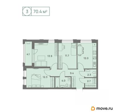 3-комн. квартира, 70.4 м&sup2;