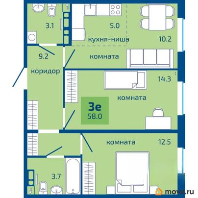 3-комн. квартира, 58 м&sup2;