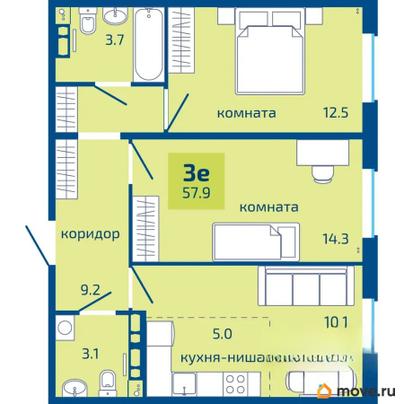 3-комн. квартира, 57.9 м&sup2;