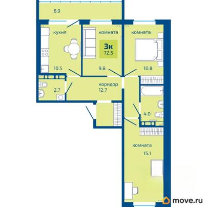 3-комн. квартира, 72.5 м&sup2;