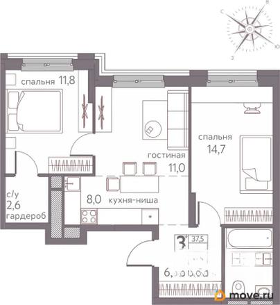 студия, 58.6 м&sup2;