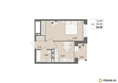 1-комн. квартира, 34.3 м&sup2;