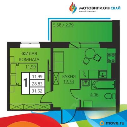 1-комн. квартира, 31.62 м&sup2;