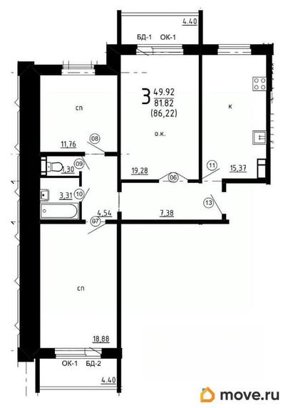 3-комн. квартира, 90.62 м&sup2;