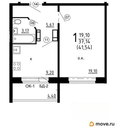 1-комн. квартира, 41.54 м&sup2;