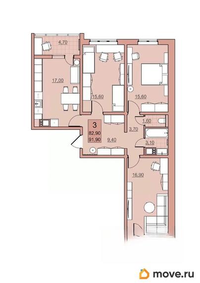 3-комн. квартира, 82.9 м&sup2;