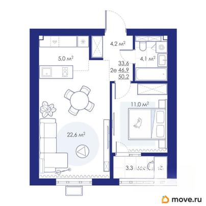 2-комн. квартира, 50.2 м&sup2;