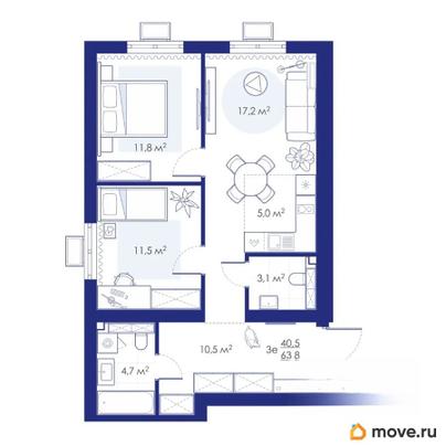 3-комн. квартира, 63.8 м&sup2;