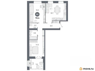 2-комн. квартира, 70.4 м&sup2;