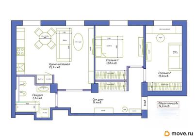 3-комн. квартира, 74.6 м&sup2;