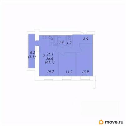2-комн. квартира, 61.7 м&sup2;
