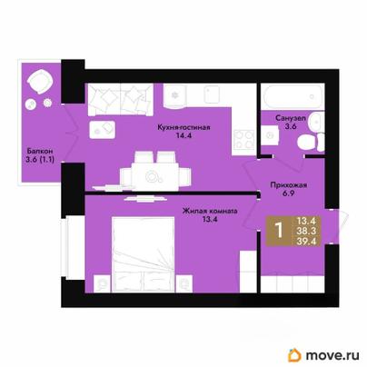 1-комн. квартира, 39.4 м&sup2;