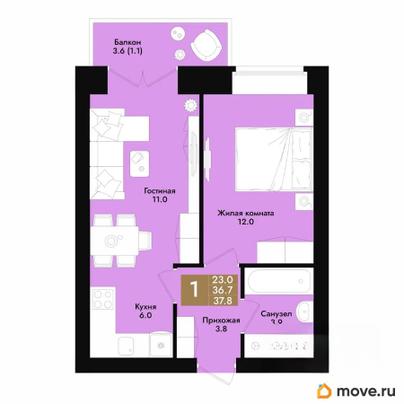1-комн. квартира, 37.8 м&sup2;