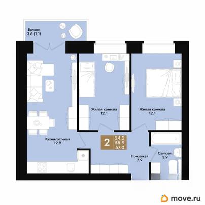 2-комн. квартира, 57 м&sup2;