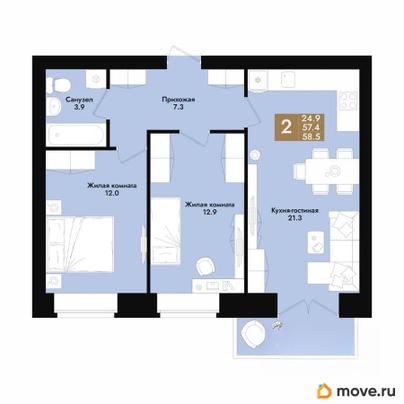 2-комн. квартира, 58.5 м&sup2;
