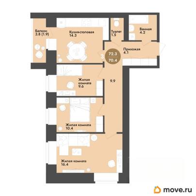 3-комн. квартира, 72.3 м&sup2;