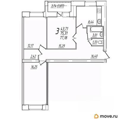 3-комн. квартира, 77.18 м&sup2;