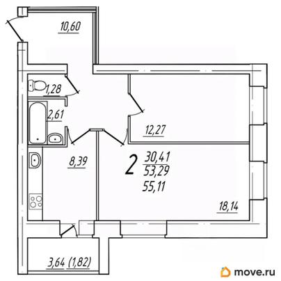 2-комн. квартира, 55.11 м&sup2;