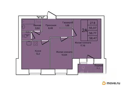 2-комн. квартира, 56.77 м&sup2;