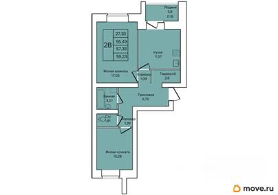 2-комн. квартира, 57.33 м&sup2;