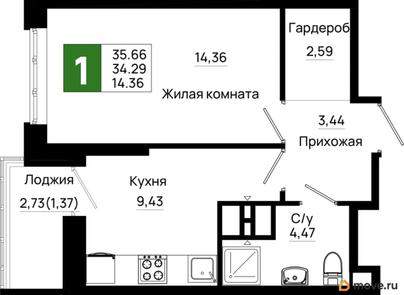 1-комн. квартира, 35.66 м&sup2;