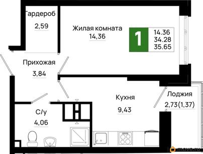 1-комн. квартира, 35.65 м&sup2;